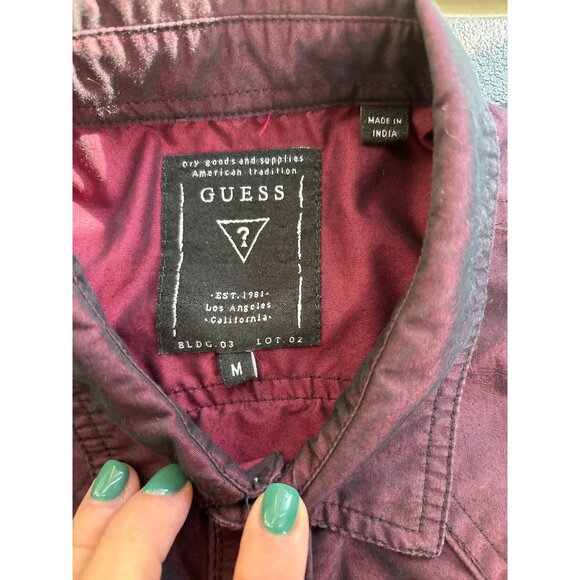 Y2K Guess Men's Short Sleeve Button Up Shirt Burgundy Military Style M - Picture 4 of 8